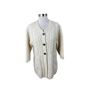 Kilronan Ireland Ivory Merino Wool Cableknit Fisherman Cardigan Large Classic